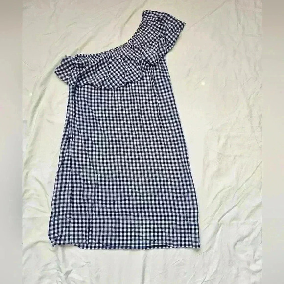 Anthropologie Dresses & Skirts - Velvet by Graham and Spencer Blue Gingham Plaid Ruffle One Shoulder